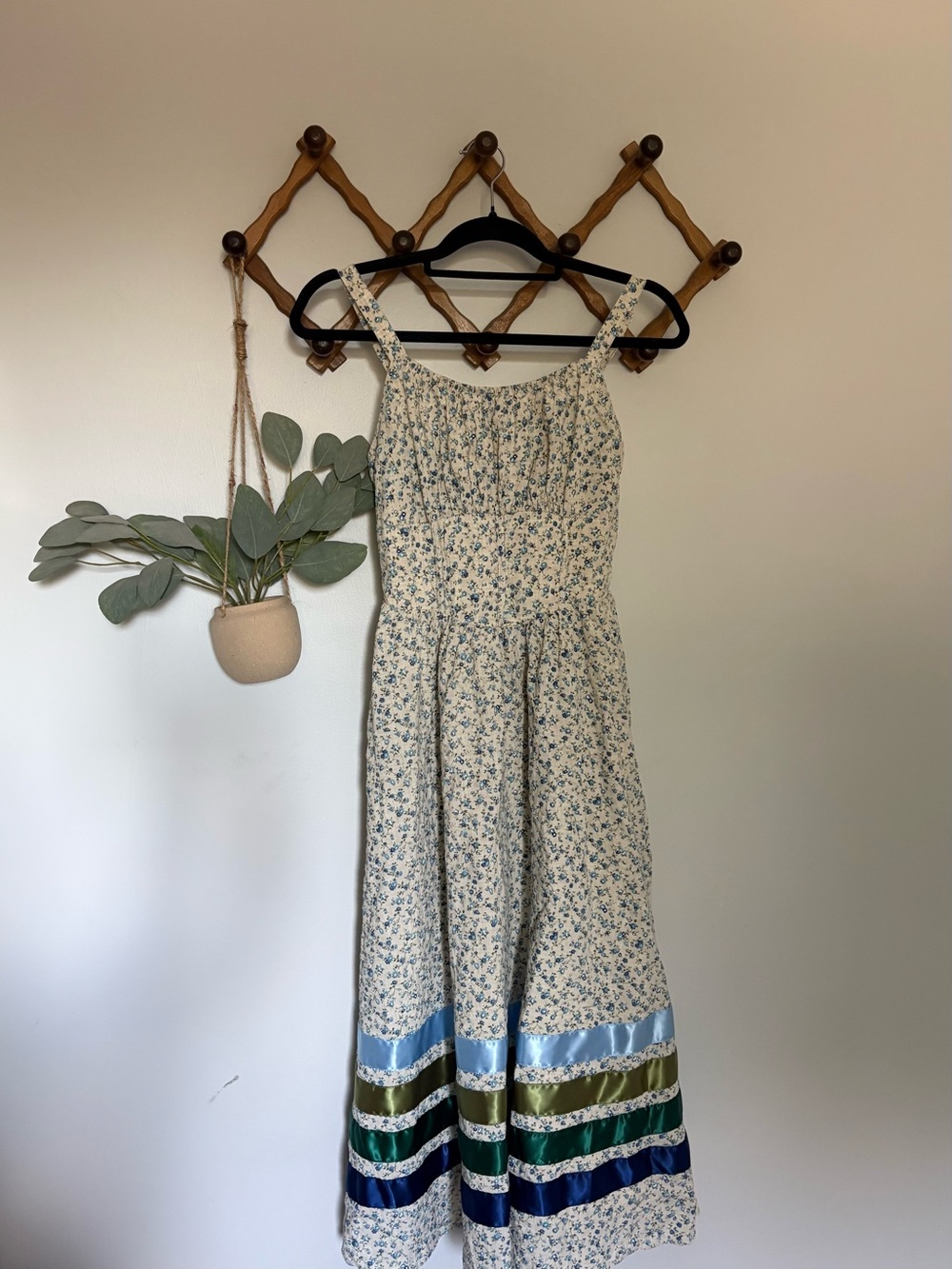 Floral Midi Sundress with Ribbon Stripe Detail - Cream/Blue/Green